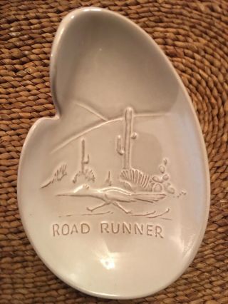 Vintage Frankoma Pottery Road Runner Spoon Rest Trinket Candy Dish Ashtray White