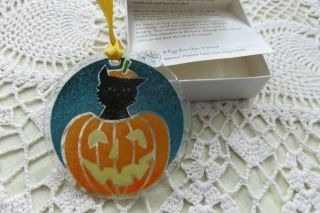 Peggy Karr Fused Art Glass Black Cat Halloween Jack - O - Lantern Pumpkin Ornament