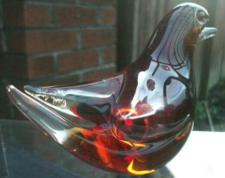 Murano Seguso Sommerso Glass Paperweight Dove Bird 13cm Long,  Amber Vintage 60 