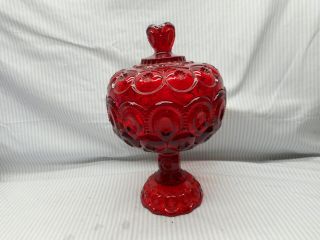 Vintage,  Ruby Red,  Moon & Stars Pattern,  Glass Compote With Lid