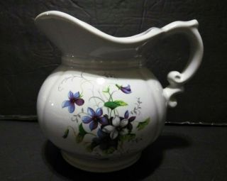 Vintage Mccoy Pottery Pitcher Vase 7528 Hand Painted Flowers Purple White Euc