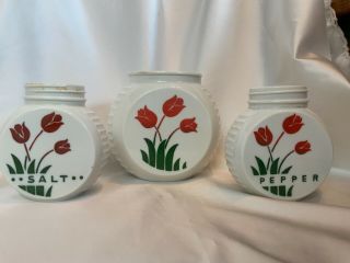 Vintage Fire King Milk Glass H/p Tulips 3pc Set Salt Pepper Shakers Grease Jar
