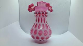 Vintage Fenton Cranberry Opalescent Coin Dot Ruffled Top Vase 6 "