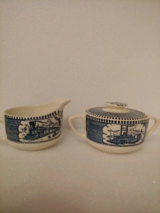 Royal China Currier And Ives Blue/white Sugar Bowl And Creamer Set
