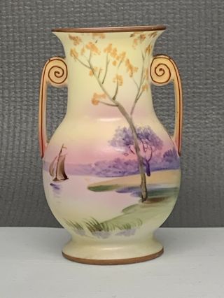 Antique Nippon Hand Painted 2 Handled Vase Japan Morimura