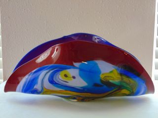 Huge 17.  5 " Wide Folded Cobalt Blue Aqua Yellow Art Glass Murano Shell Bowl