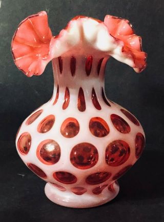 Vintage Fenton Cranberry Opalescent Coin Dot Ruffled Top Vase 7 "