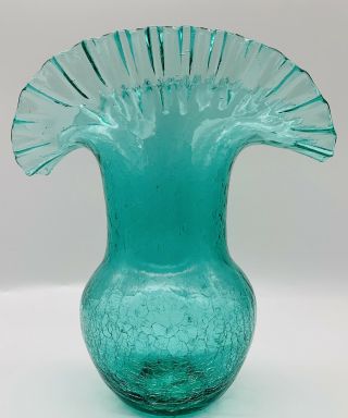 Old Vase Blenko Crackled Aquamarine Crimped Ruffled Edge Art Blown Glass 8.  1/2”h