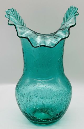Old Vase Blenko Crackled Aquamarine Crimped Ruffled Edge Art Blown Glass 8.  1/2”H 2