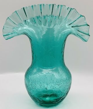 Old Vase Blenko Crackled Aquamarine Crimped Ruffled Edge Art Blown Glass 8.  1/2”H 3