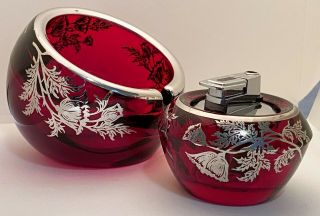Vintage Viking Ruby Art Glass Orb Ashtray & Lighter Mid Century Silver Overlay