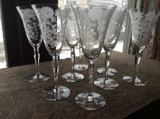 8 Vintage Elegant Glass Etched Crystal Water Wine Goblets Climbing Roses &thorns