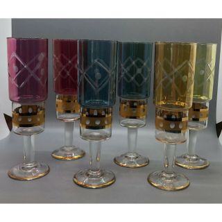 Bohemian Multi Colors Cut To Clear Champagne Flute Glasses Set Of 6
