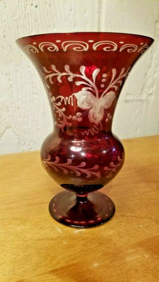 Bohemian Czech Glass Crystal Cut/etched Cranberry Ruby Red Footed Vase Floral