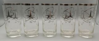 Set Of 5 Vintage Mid Century Modern Atomic Starburst Silver Drinking Glasses