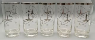 Set of 5 Vintage Mid Century Modern Atomic Starburst Silver Drinking Glasses 2