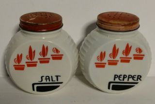 Vintage Milk Glass Mckee White Red & Black Plant / Cactus Salt & Pepper Shakers