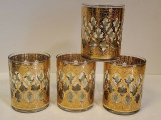 4 Vintage Culver Valencia Gold Green Diamond Double Old Fashioned Drink Glasses