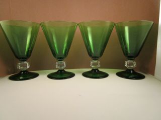 Vintage Bryce Wilmington Green Glass Set Of 4 Water Goblet Glasses