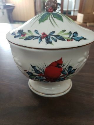 Lenox American By Design Red Cardinal Bird Winter Greetings Covered Candy Dish 3