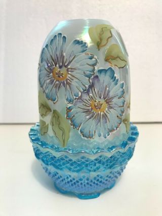 Vintage Fenton " Royal Gardens " Blue Opalescent Hand Painted Fairy Lamp 523/1950