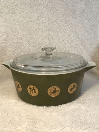 Vtg Pyrex Zodiac Casserole Dish And Lid 2.  5 Qt Forest Green Gold 1961 Promo