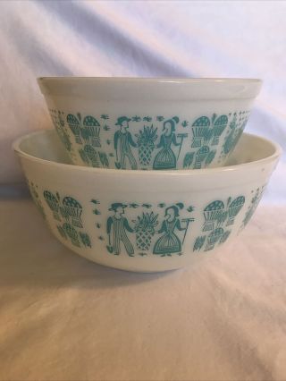Vintage Pyrex Amish Butterprint 2 Mixing Bowls - Turquoise On White 402 & 403 -