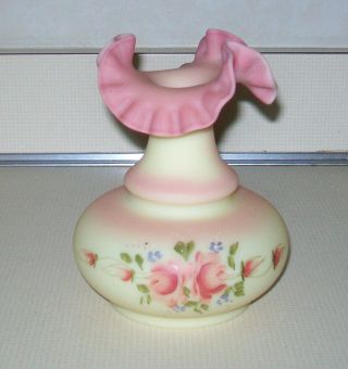 Fenton Rose Burmese Glass Hand Painted Pink Rose Floral Decoration Vase