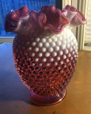 Fenton Vintage Cranberry Opalescent Hobnail Large Ruffled Vase