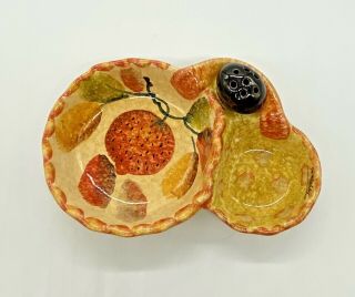 Hand Painted Double Bowl Olive Dish With Toothpick Holder Made In Italy Signed