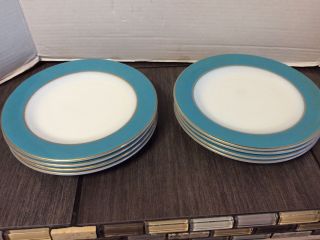 8 Vtg Pyrex Milk Glass Gold Turquoise Blue Rim 7” Mcm Salad/bread Plates
