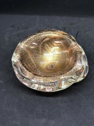 Vintage Murano Mid Century Art Glass Bowl With Gold Flakes/controlled Bubbles