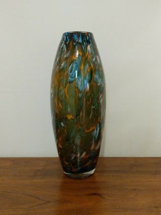Large Cased Art Glass Vase Yellow/orange W/ Green/blue Speckle 13 " Hand Blown