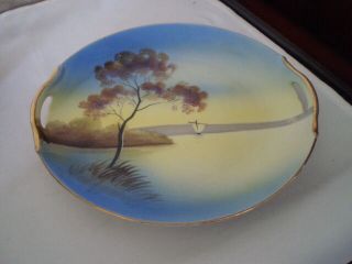 Antique Hand Painted 2 - Handled Blue Porcelain Cake Plate - Noritake - Japan -