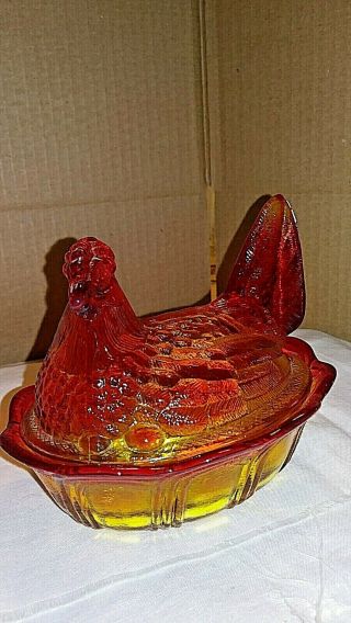 Vintage Fenton Amberina Glass Hen On Nest Candy Dish Split Tail 4 " T