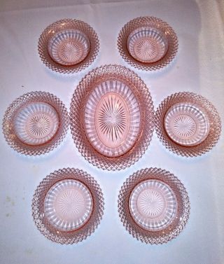 Vintage Miss America Pink Depression Glass,  Oval Serving Bowl With Dishes,  7/set