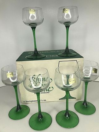 Vtg Set Of 6 Luminarc Jg Durand Green Stem Rhine Wine Glasses Made In France Nos