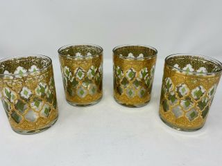 4 Vintage Mcm Culver Valencia Gold Green Diamond Old Fashioned Drink Glasses