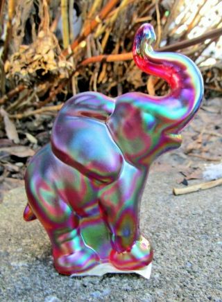 Fenton Art Glass Ruby Red / Plum Carnival Satin Iridescent Elephant Figurine