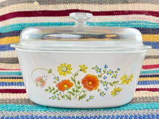 Vtg Corning Wildflower 5 Qt.  Covered Casserole Dutch Oven A - 5 - B Pyrex Domed Lid