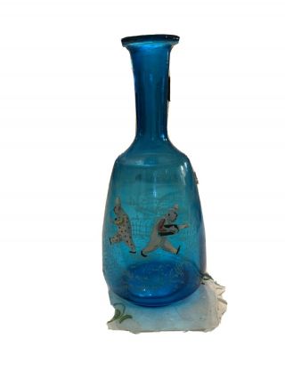Blue Enameled Rossler 8” Bottle With Two French Clowns Very Seldom Seen