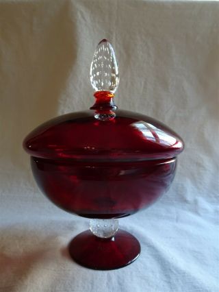 Vintage Pairpoint Glass Ruby Red Covered Candy Dish W/ Controlled Bubble Balls