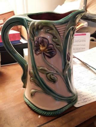 French Art Pottery Vase Country Style Pitcher Floral Multicolor 7 Inches High