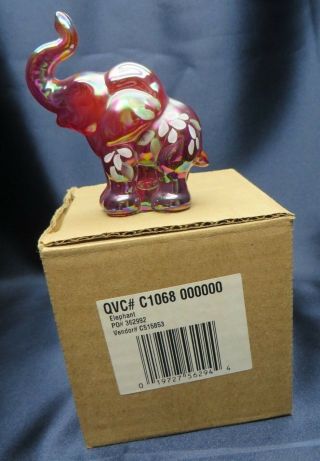 Fenton Art Glass Ruby Red / Plum Hp Carnival Iridescent Elephant Figurine W Box