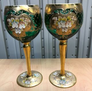 Bohemian Green Art Glass Enamelled Wine Goblets With Floral DÉcor