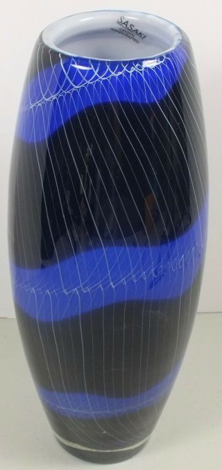 Large Sasaki Hand Crafted Crystal Cased Glass Vase Cobalt Blue,  Black & White
