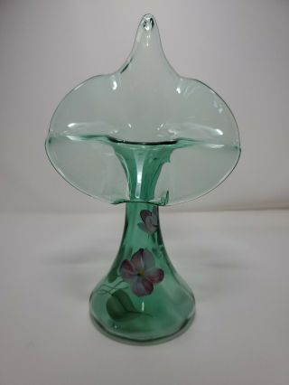 Vintage Fenton Glass Green Hand Painted Jack In The Pulpit Tulip Vase Spindler