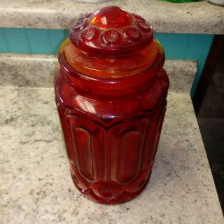 Le Smith Red Amberina Glass Moon & Stars 11 " Covered Flour Canister Vintage