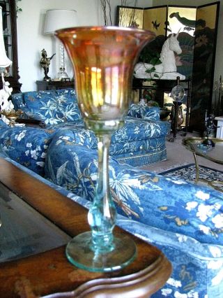 Vintage Rick Strini Art Glass Goblet: Aurene Gold,  Pale Green Stem,  8 7/8 "