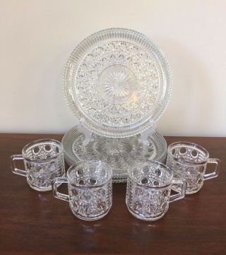 Vintage Federal Glass Windsor Clear Button & Cane Snack Plate & Cup Set 4